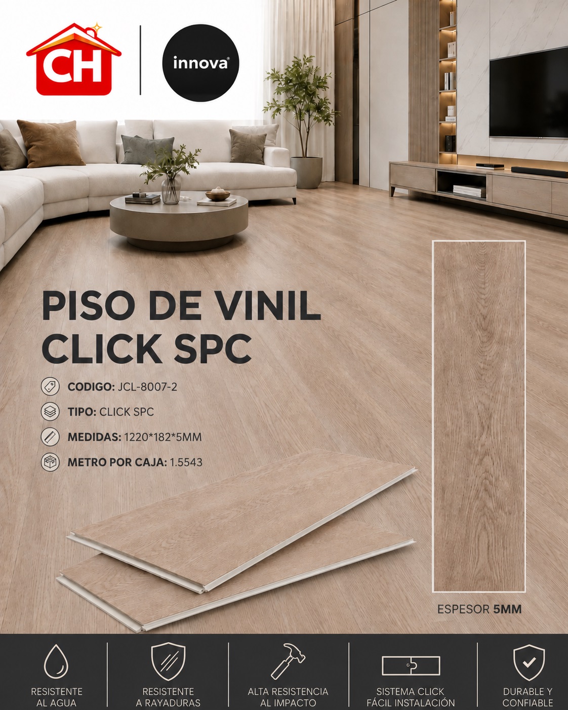 PISO DE VINIL CLICK SPC JCL-8007-2 EN 26 $ EL MTR2 1.55 POR CAJA