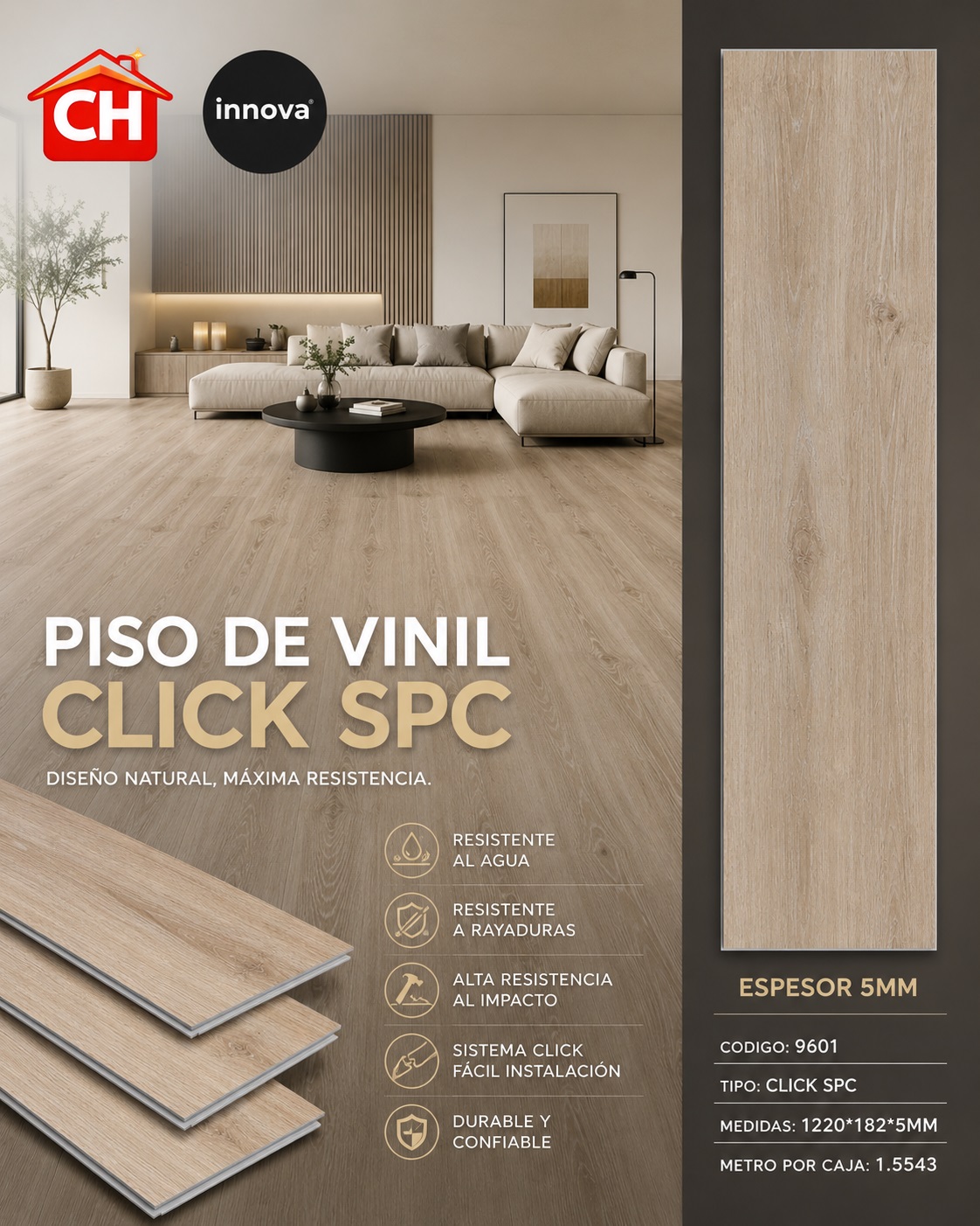 PISO DE VINIL CLICK SPC 9601 EN 26 $ EL MTR2 1.55 POR CAJA