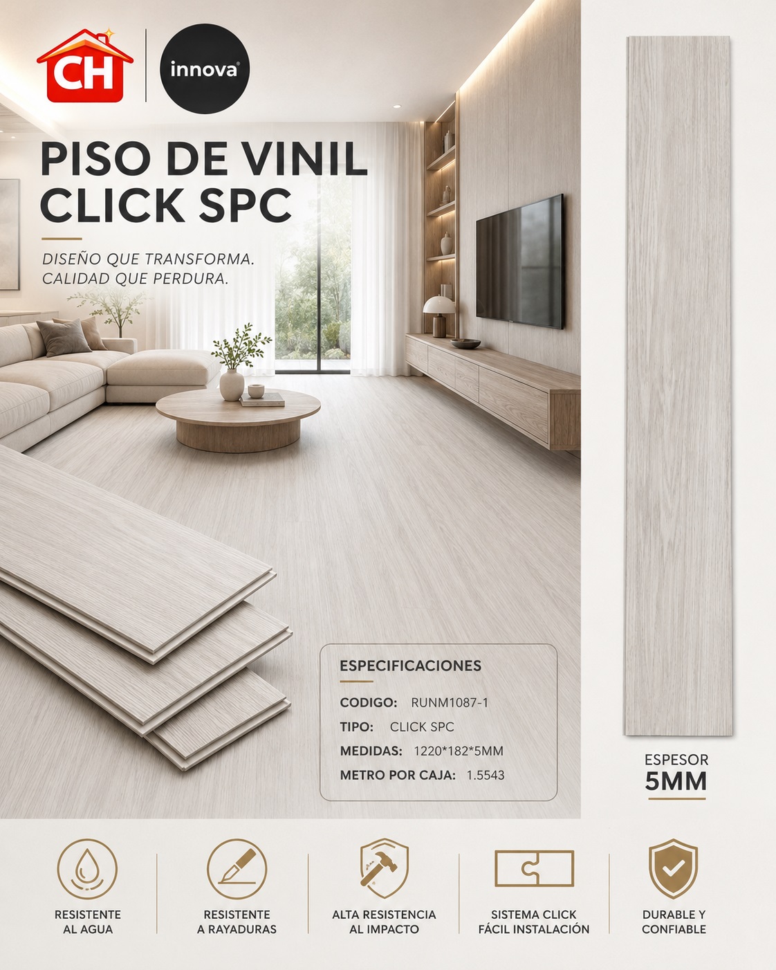 PISO DE VINIL CLICK RUNM1087-1 EN 26 $ EL MTR2 1.55 POR CAJA