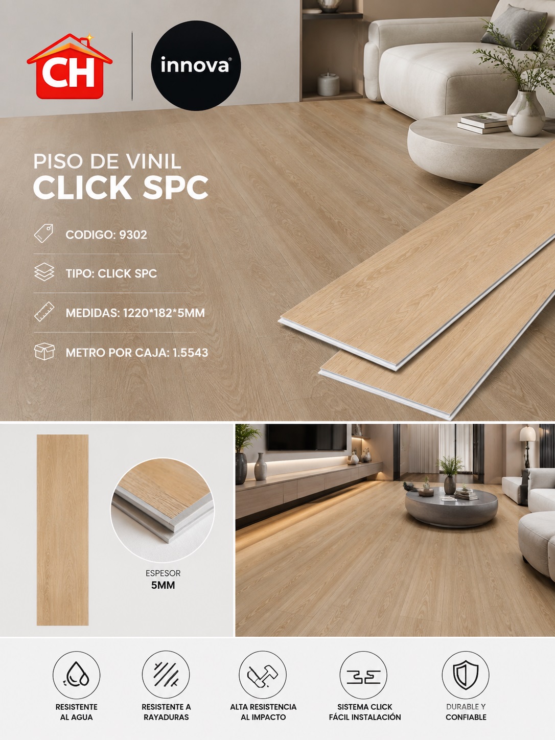 PISO DE VINIL CLICK SPC EN 26 $ EL MTR2  1.55 POR CAJA 9302