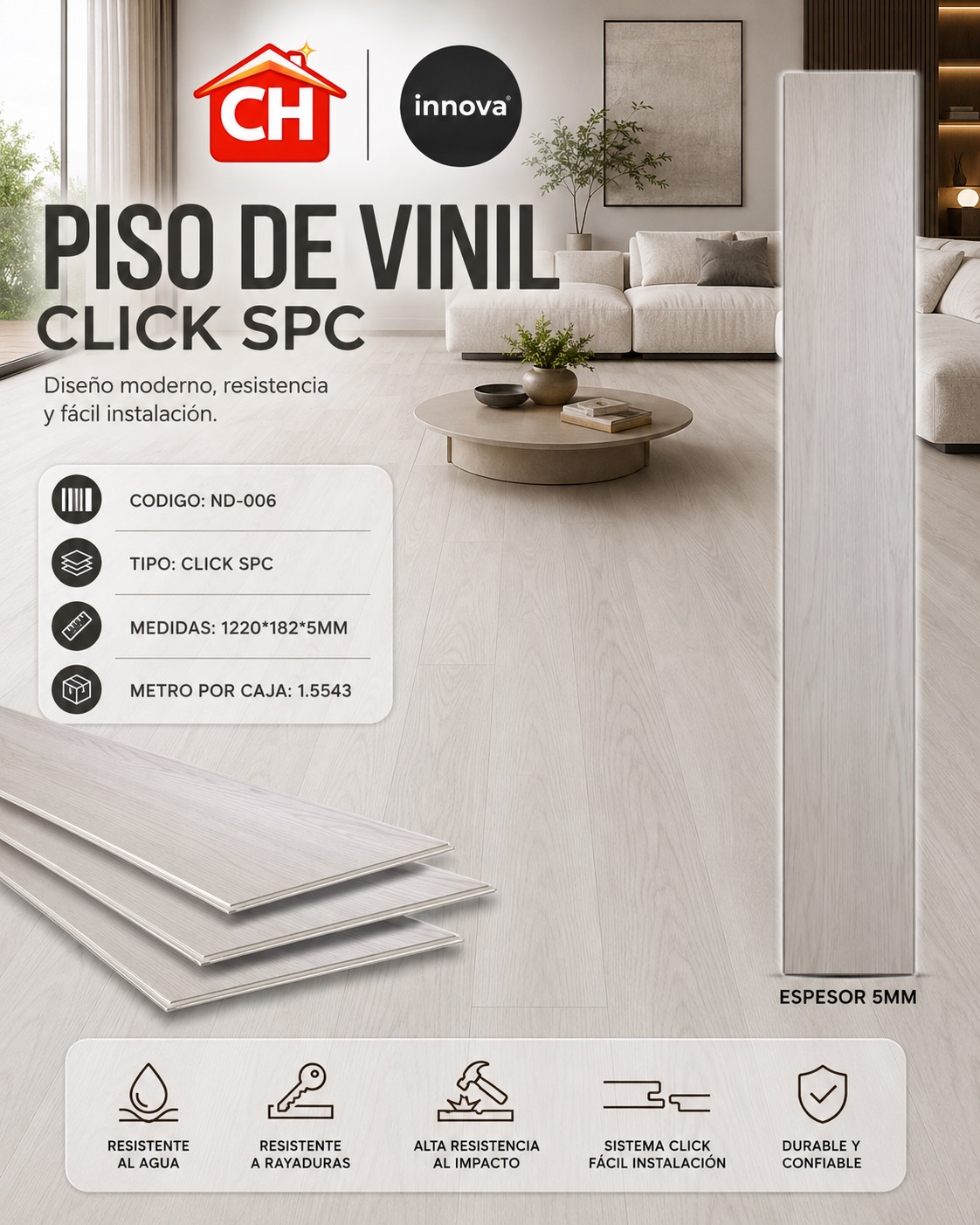 PISO DE VINIL CLICK SPC ND-006 EN 26 $ EL MTR2 1.55 POR CAJA