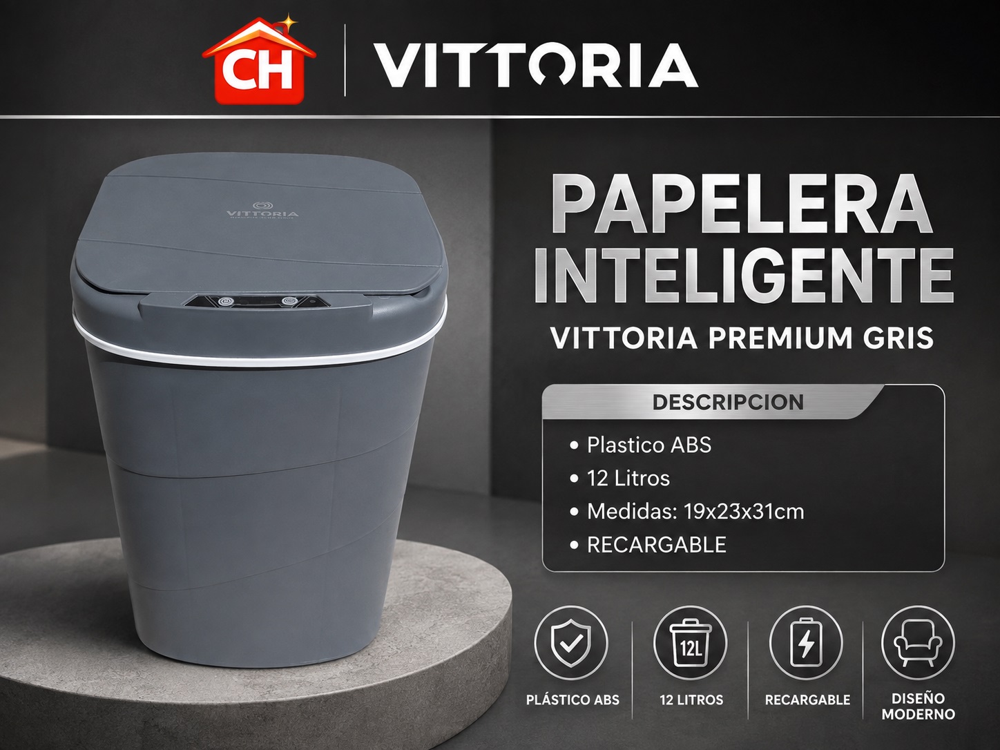PAPELERA INTELIGENTE VITTORIA (RECARGABLE) GRIS