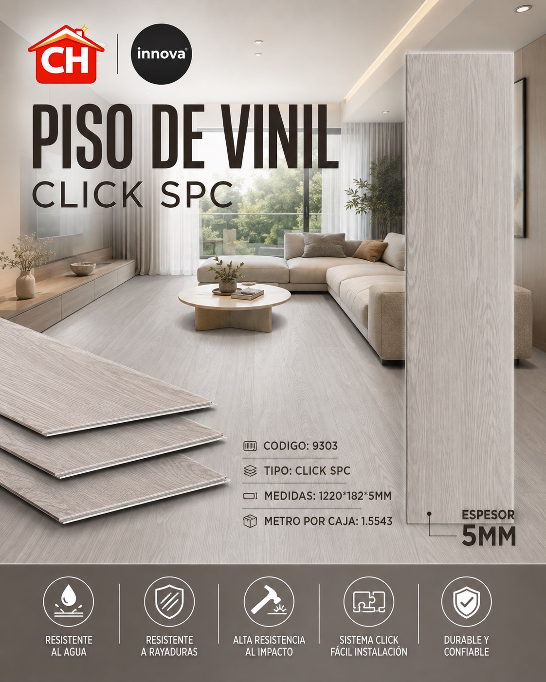 PISO DE VINIL CLICK SPC 9303 EN 26 $ EL MTR2 1.55 POR CAJA