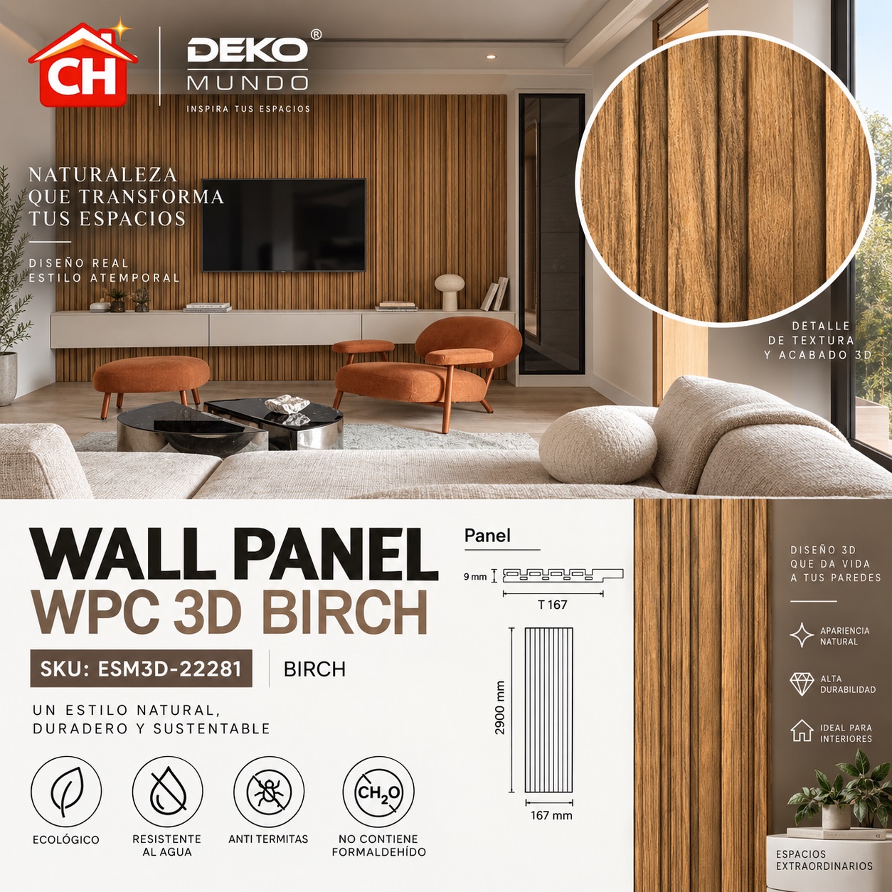 WALL PANEL WPC Birch 3D 9 x 167 x 2900 mm