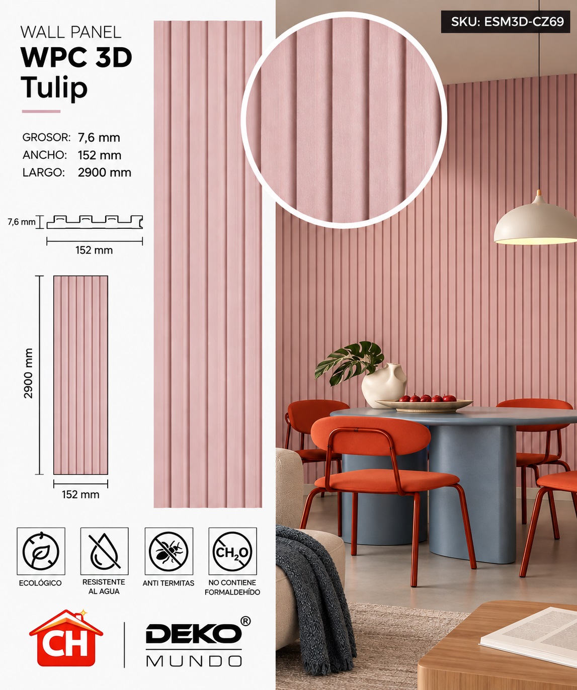 WALL PANEL WPC Tulip 3D 7,6 x 152 x 2900 mm
