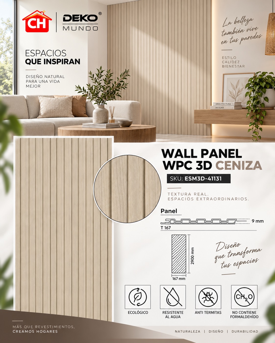 WALL PANEL WPC Ceniza 3D 9 x 167 x 2900 mm