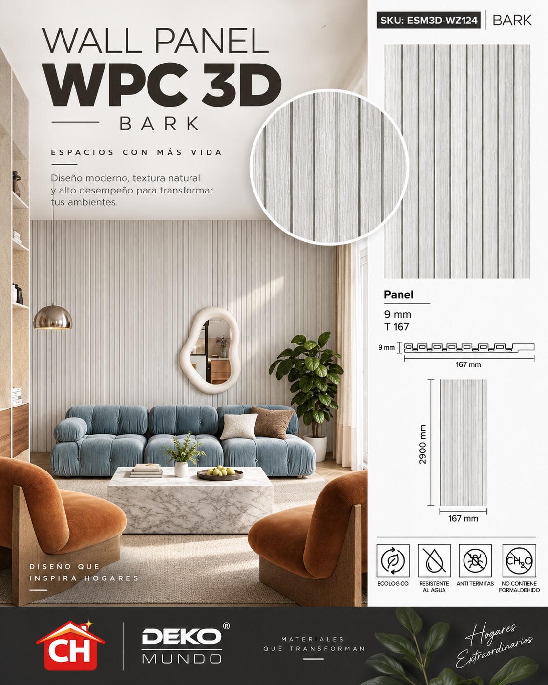 WALL PANEL WPC Bark 3D 9 x 167 x 2900 mm