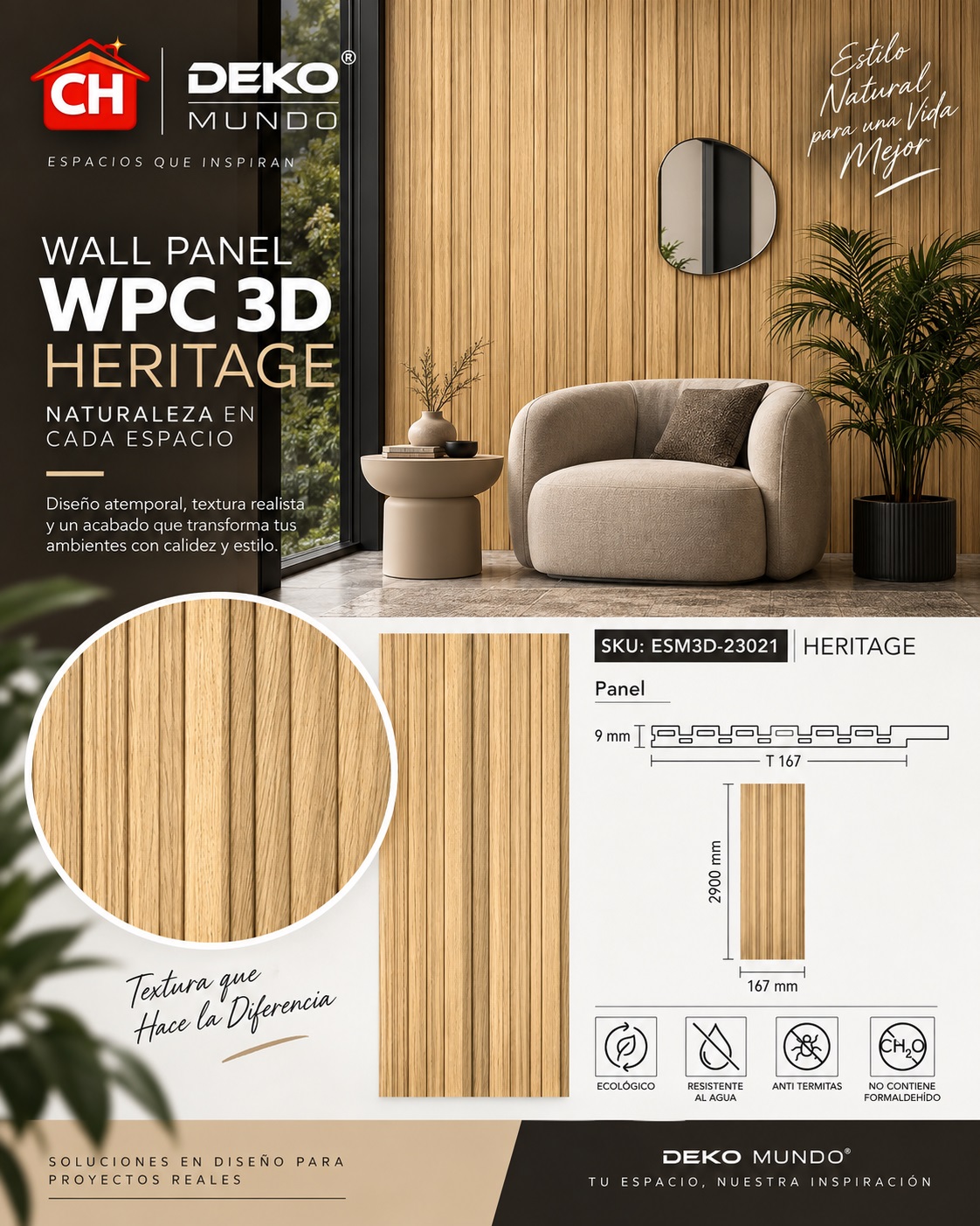WALL PANEL WPC Heritage 3D 9 x 167 x 2900 mm