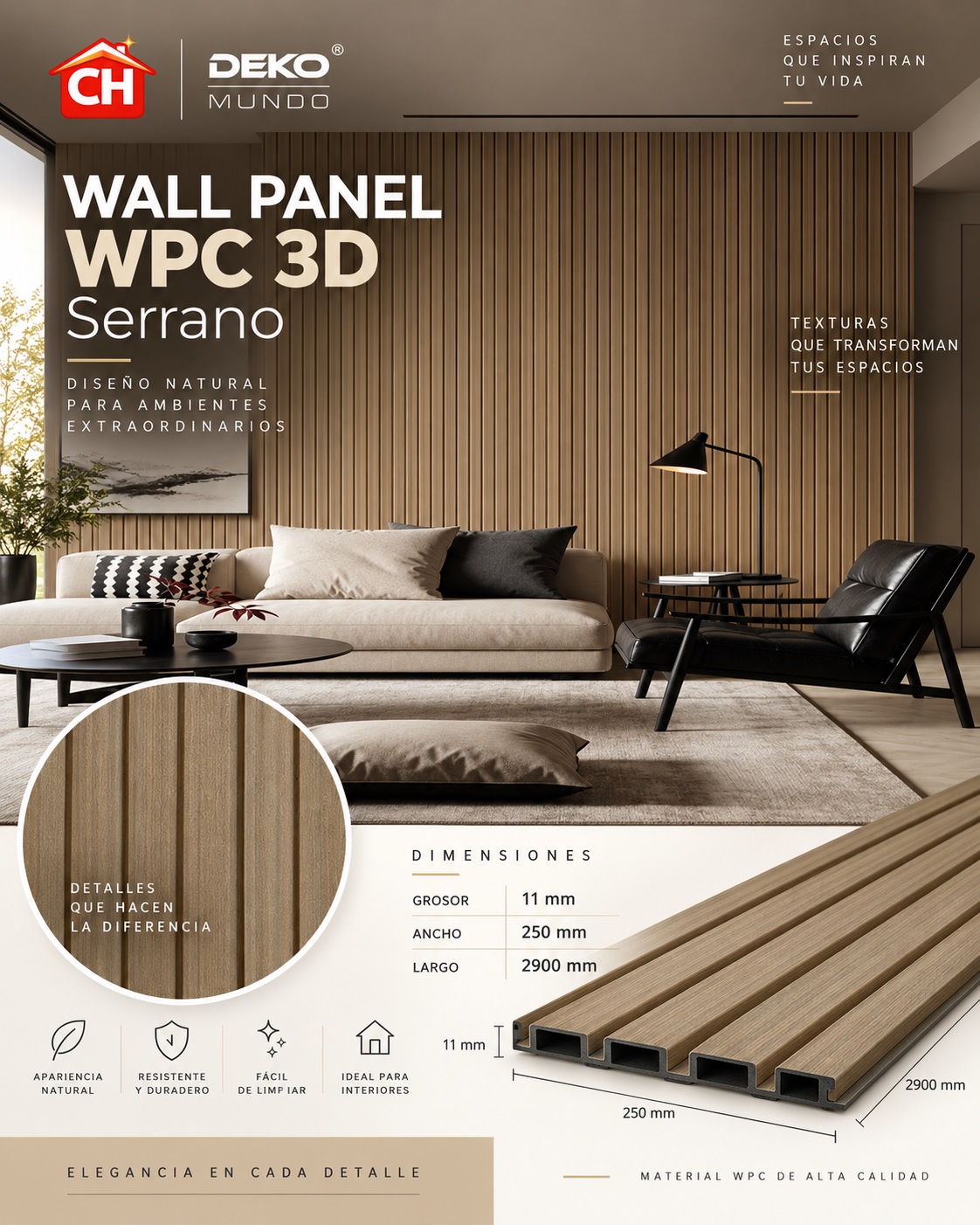 WALL PANEL WPC Serrano 3D 11 x 250 x 2900 mm