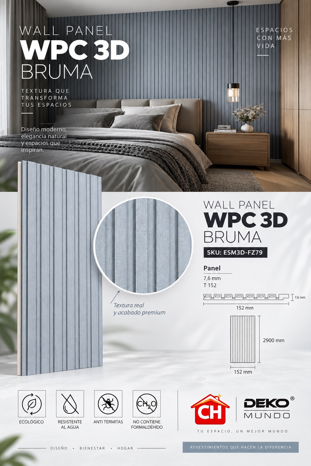 WALL PANEL WPC Bruma 3D 7,6 x 152 x 2900 mm