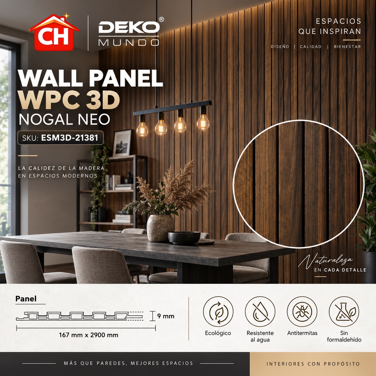 WALL PANEL WPC Nogal Neo 3D 9 x 167 x 2900 mm