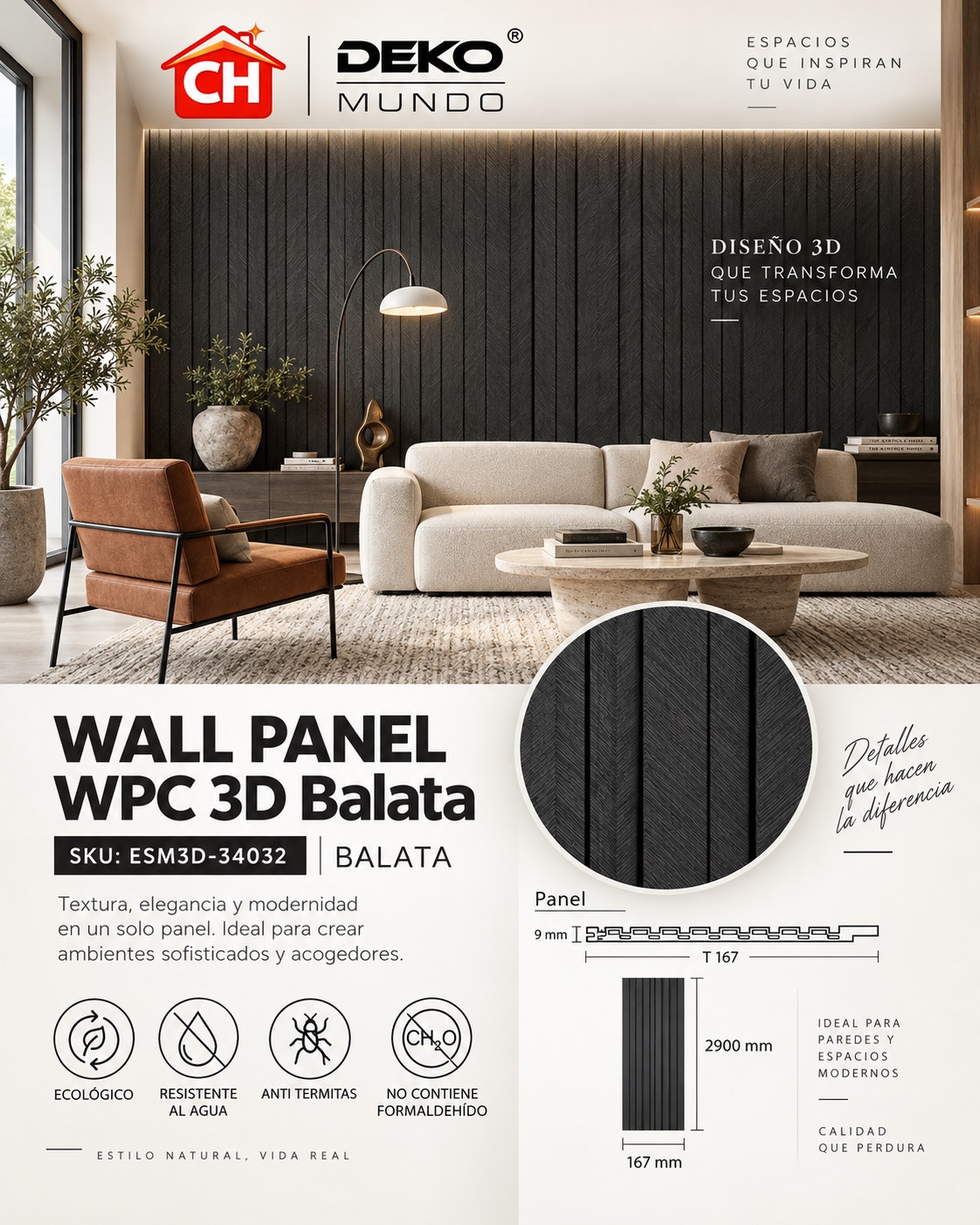 WALL PANEL WPC Balata 3D 9 x 167 x 2900 mm