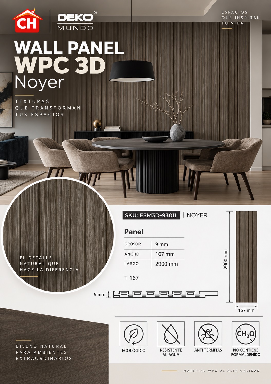 WALL PANEL WPC Noyer 3D 9 x 167 x 2900 mm