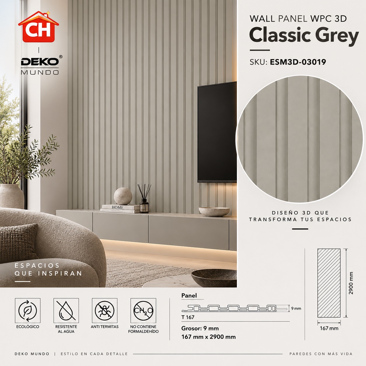 WALL PANEL WPC Classic Grey 3D 9 x 167 x 2900 mm