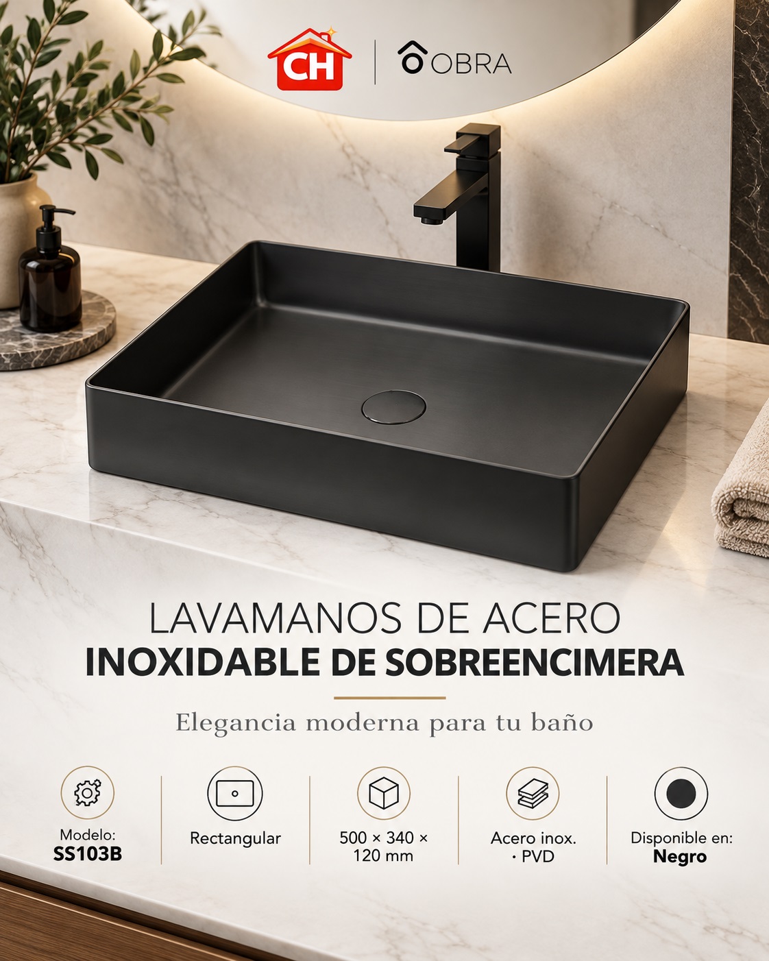 Lavamanos de acero inoxidable SS103B — Negro